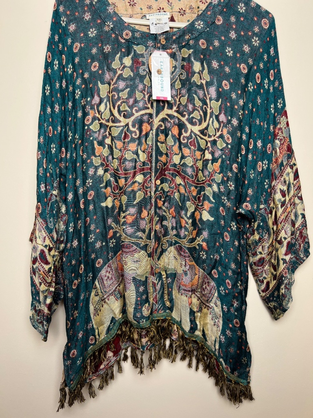 Earthbound Reversible Boho Kimono Cover Fringe Green Tan Elephant Cover Up XXL
